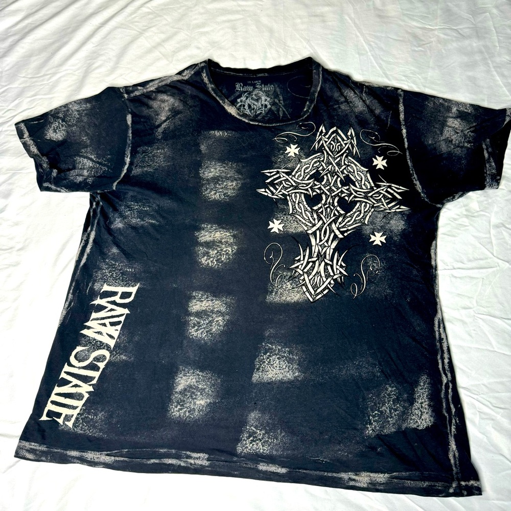 Raw State Short Sleeve T Shirt Mens Size 2XL Gray Tribal Celtic Cross Y2K